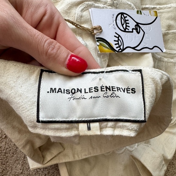 Maison Les Enerves- Tan Linen Face Stitched Wide Leg Pants - Picture 2 of 4
